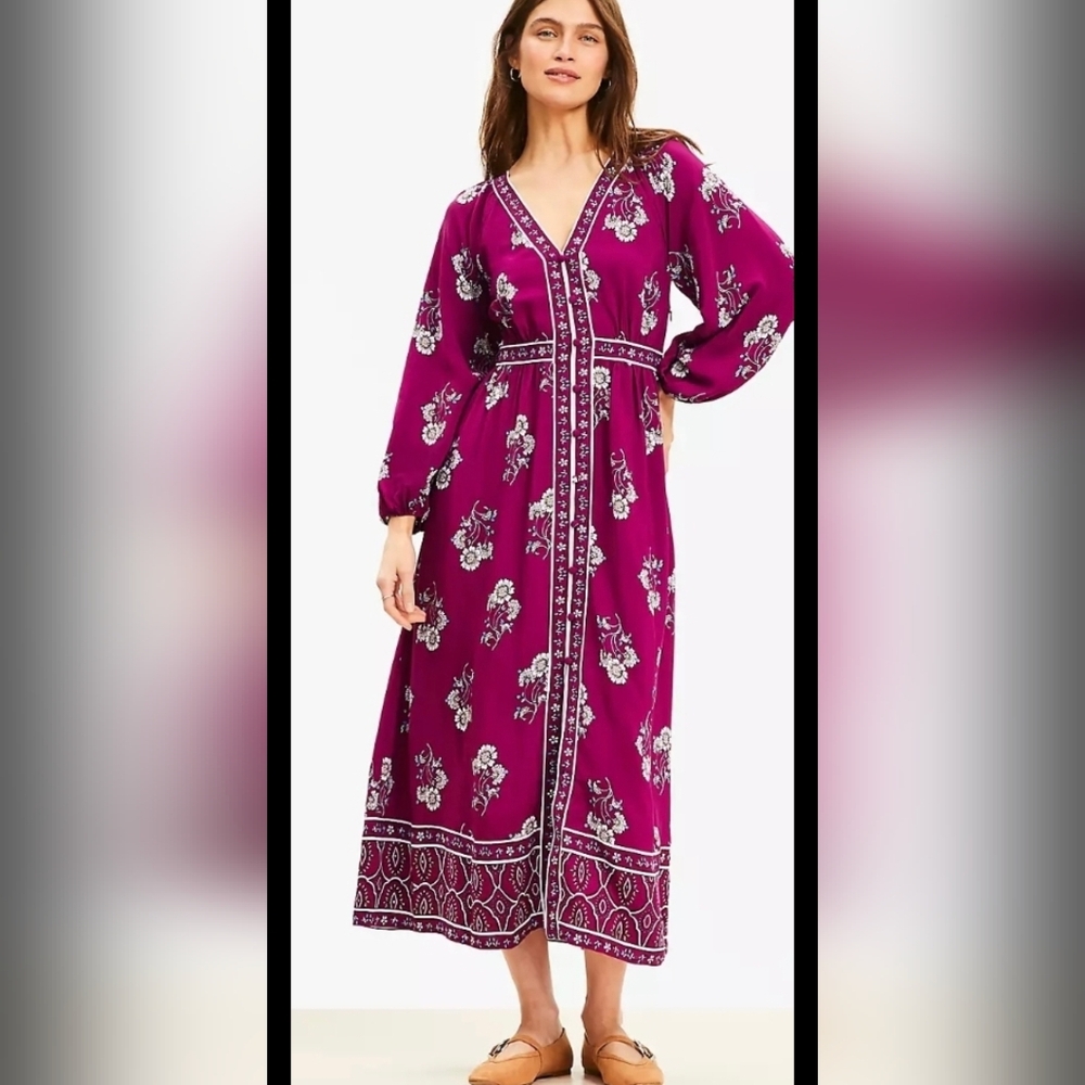 LOFT Purple Floral Long Sleeve Dress